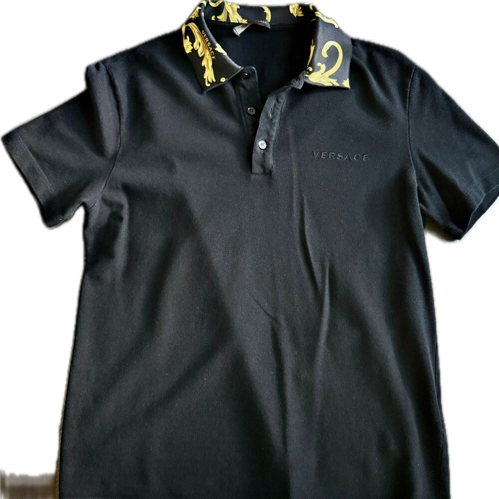 Versace Black Polo Shirt Men’s Size Large | Baroque Collar Logo Embroidery